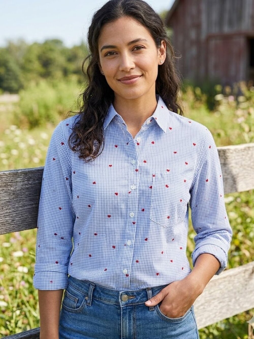 Maeve by Anthropologie Heart Print on Checkered Adga Button Up Shirt